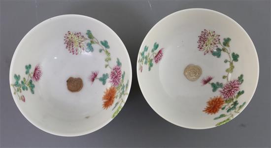 A pair of Chinese famille rose bowls, Xuantong mark and possibly of the period, D. 11.2cm